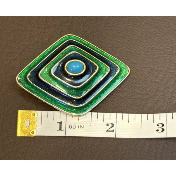 Vintage FLORENZA Blue & Green Enamel Gold Tone Brooch Geometric Modernist - Picture 7 of 8
